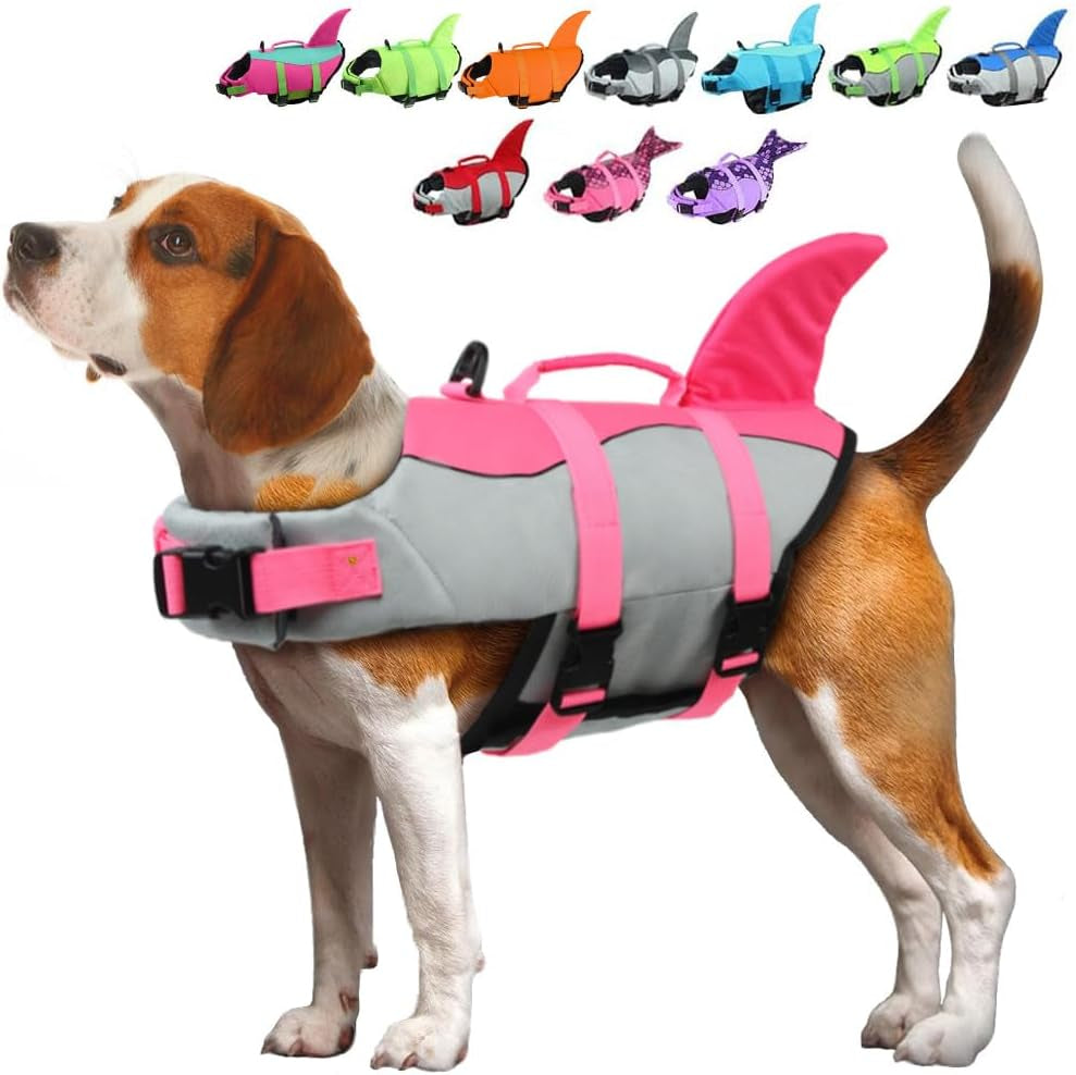 Dog Life Jacket Shark, Dog Life Vests for Small, Middle, Large Dogs with Rescue Handle Dogs Flotation Vest Safety Lifesaver for Swimming Pool Beach Boating, (S,Pink)