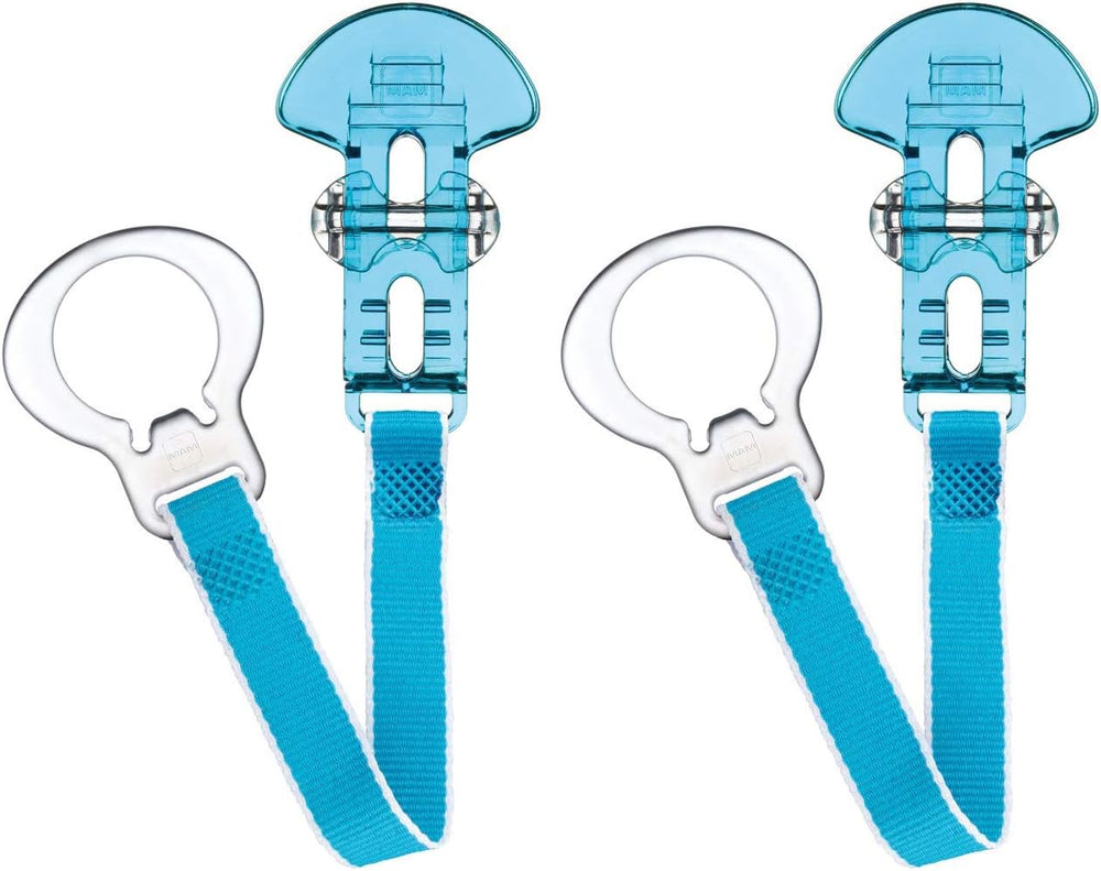 Dummy Clip | 2 Pack | Baby Soother Clips Fit All Soothers | Adjustable Length and Lightweight Design | Baby Accessories | White with Blue Strap | Dummies Not Included
