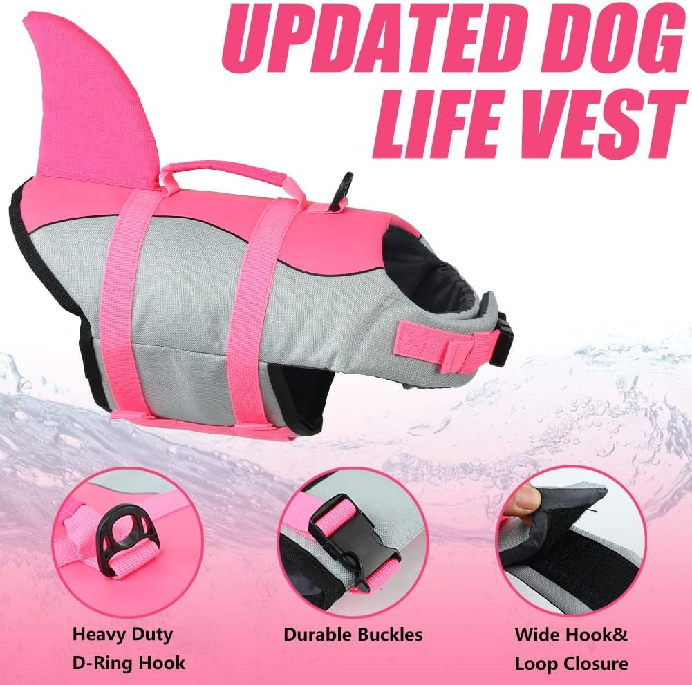 Dog Life Jacket Shark, Dog Life Vests for Small, Middle, Large Dogs with Rescue Handle Dogs Flotation Vest Safety Lifesaver for Swimming Pool Beach Boating, (S,Pink)