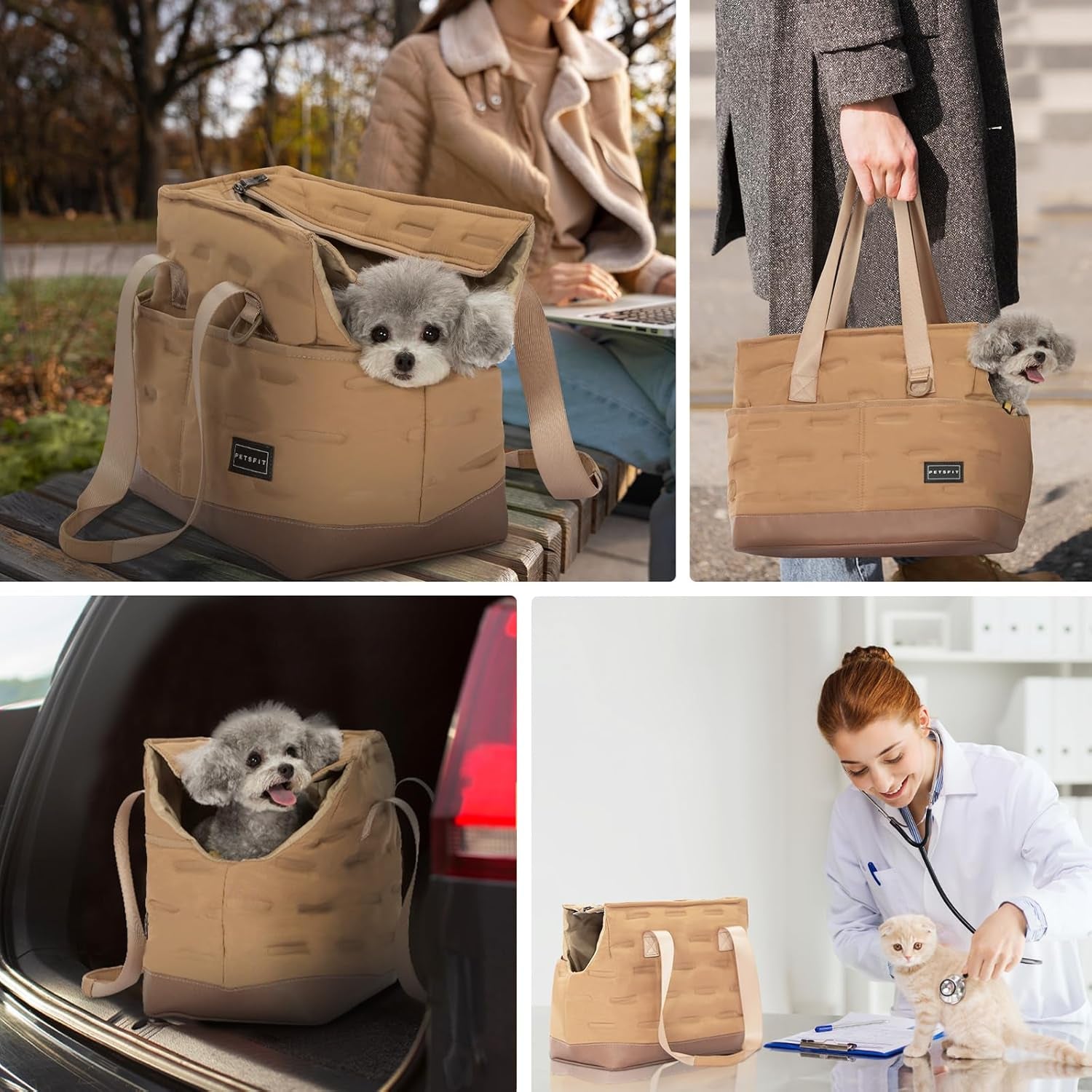 Dog Carrier for Small Dogs up to 4Kg, Soft-Sided Pet Travel Bag with Safety Leash & Storage Pockets, for Vet Visits & Short Trips,Khaki