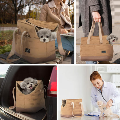 Dog Carrier for Small Dogs up to 4Kg, Soft-Sided Pet Travel Bag with Safety Leash & Storage Pockets, for Vet Visits & Short Trips,Khaki