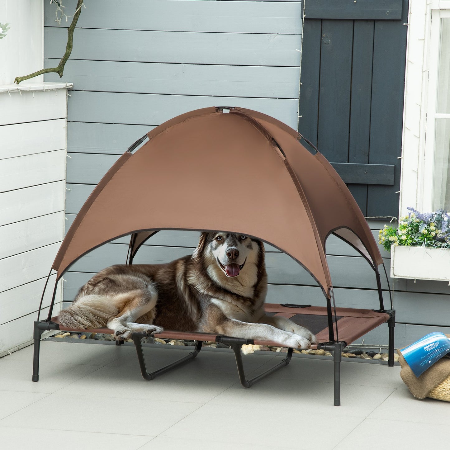 Pawhut 122Cm Elevated Dog Bed Cooling Raised Pet Cot UV Protection Canopy Brown