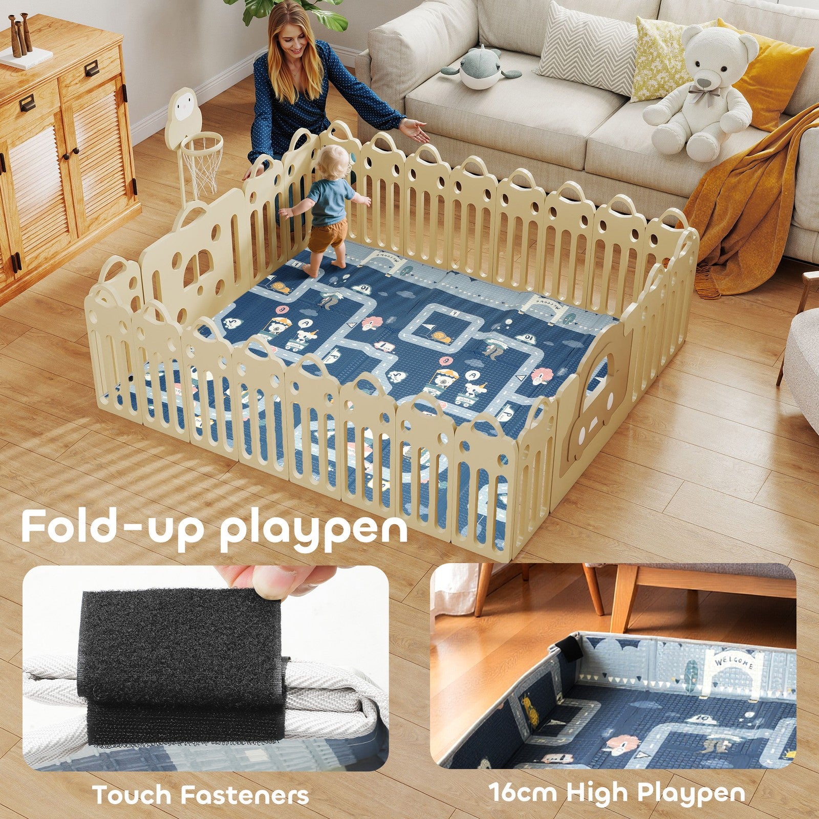 Foldable Baby Play Mat, Baby Playpen, Traffic & Grey Diamond Theme