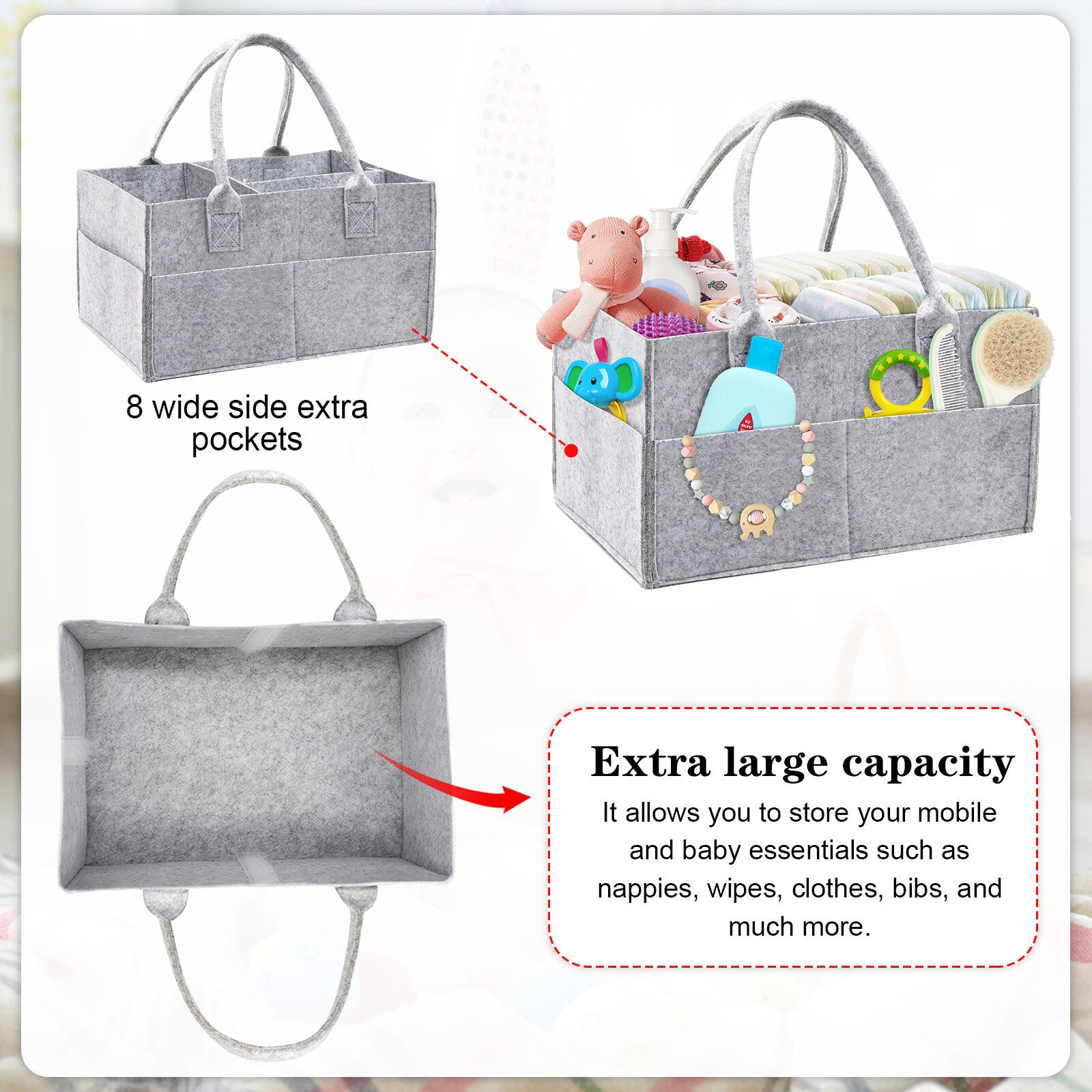 Felt Baby Diaper Organizer Caddy Changing Nappy Kids Storage Carrier Grey Bag UK
