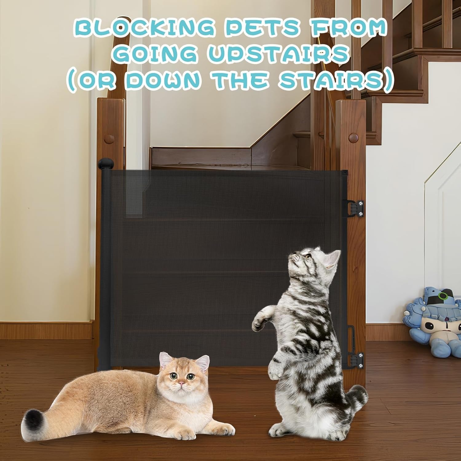 Retractable Stair Gate for Baby & Pet with Secure 2-Step Lock 150Cm Wide & 80Cm Tall, One Hand Operated Baby Gate, Child Safety Gate for Doorways Stairs, Hallways, Kitchen (Black)