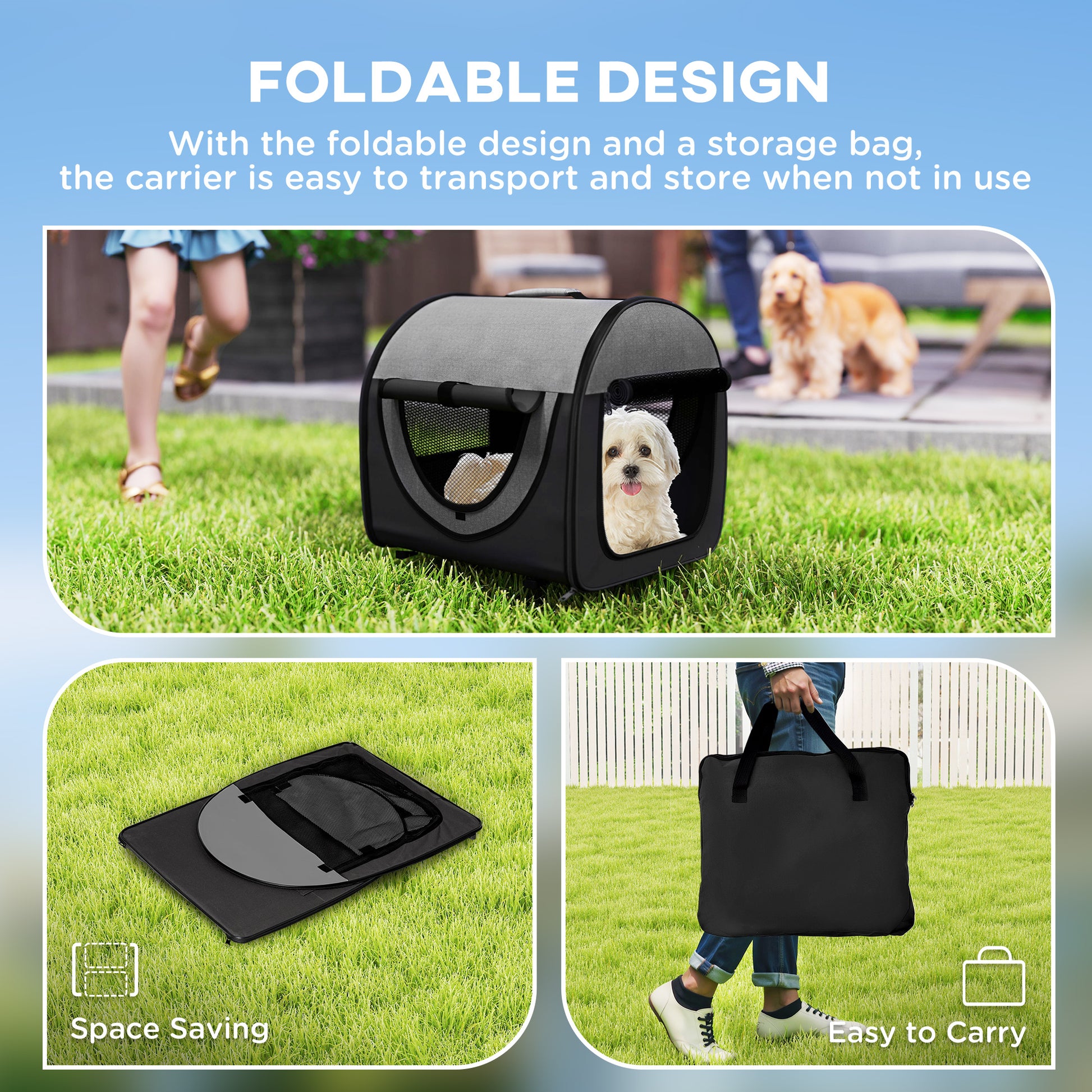 46Cm Foldable Pet Carrier Bag, Soft Side Fabric Dog Crate W/ Ground Stakes