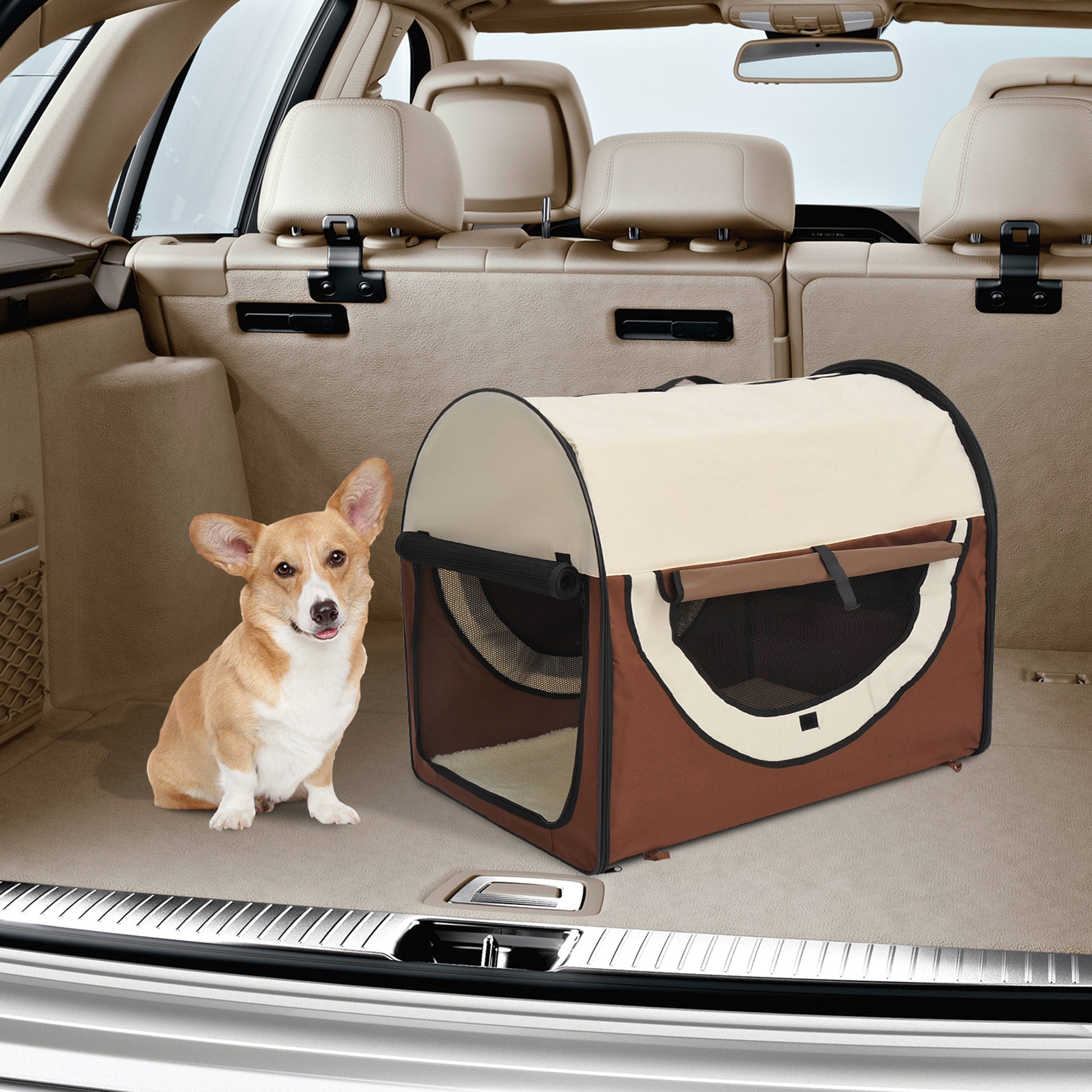 46Cm Foldable Pet Carrier Bag, Soft Side Fabric Dog Crate W/ Ground Stakes