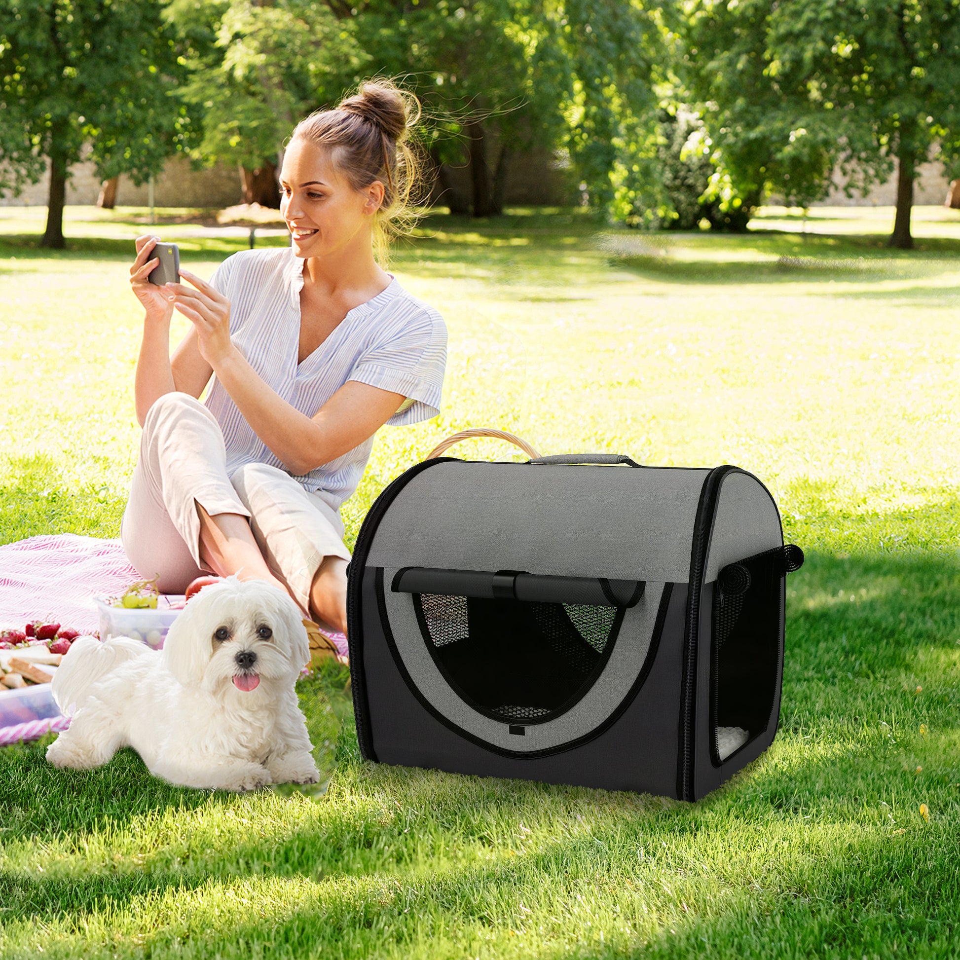 46Cm Foldable Pet Carrier Bag, Soft Side Fabric Dog Crate W/ Ground Stakes