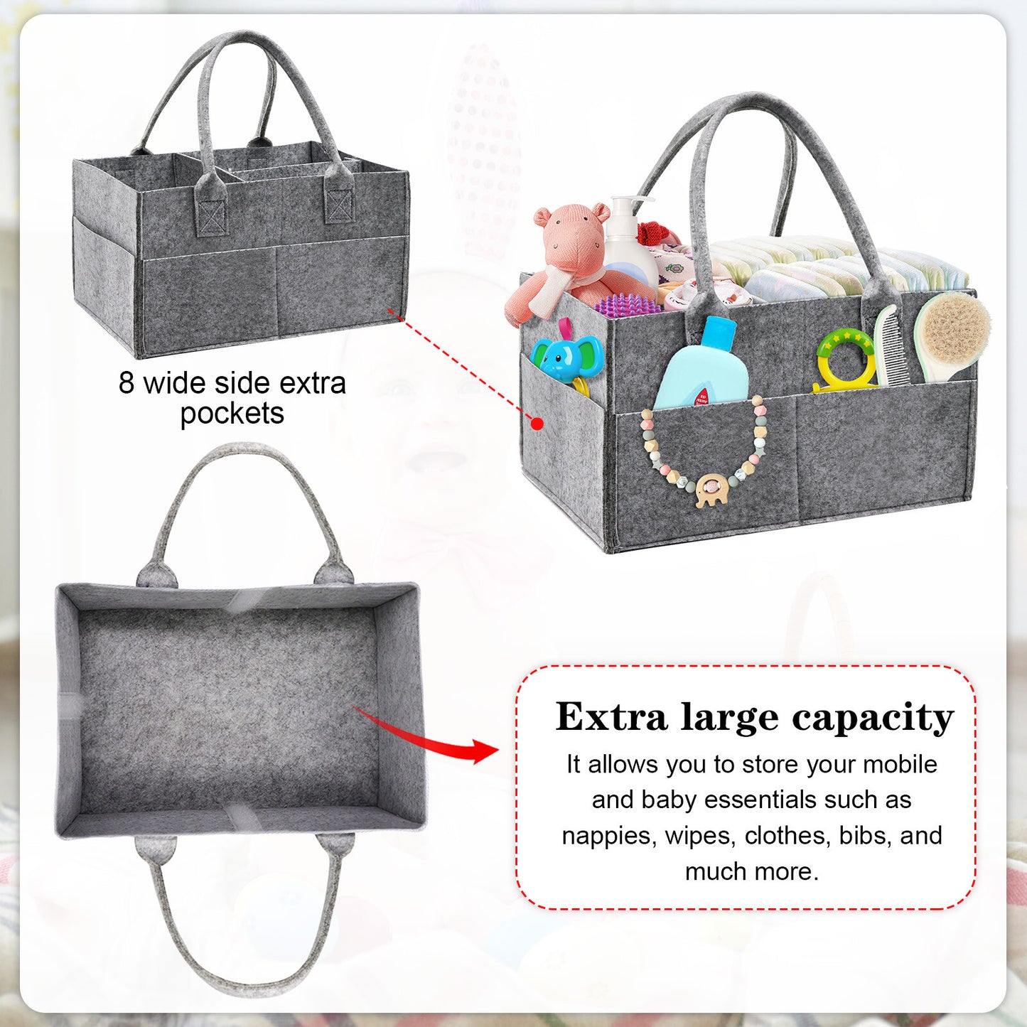 Felt Baby Diaper Organizer Caddy Changing Nappy Kids Storage Carrier Grey Bag UK