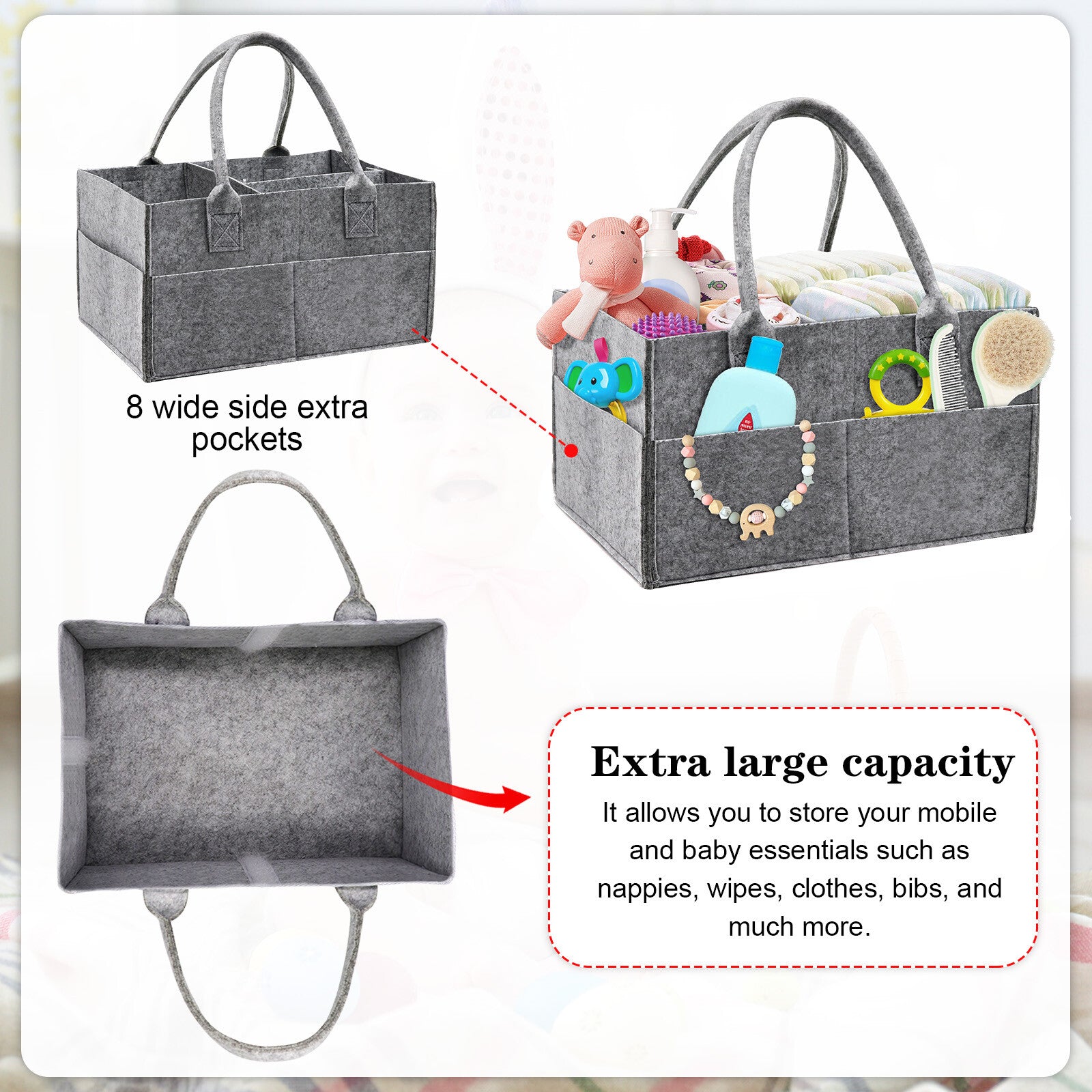 Felt Baby Diaper Organizer Caddy Changing Nappy Kids Storage Carrier Grey Bag UK