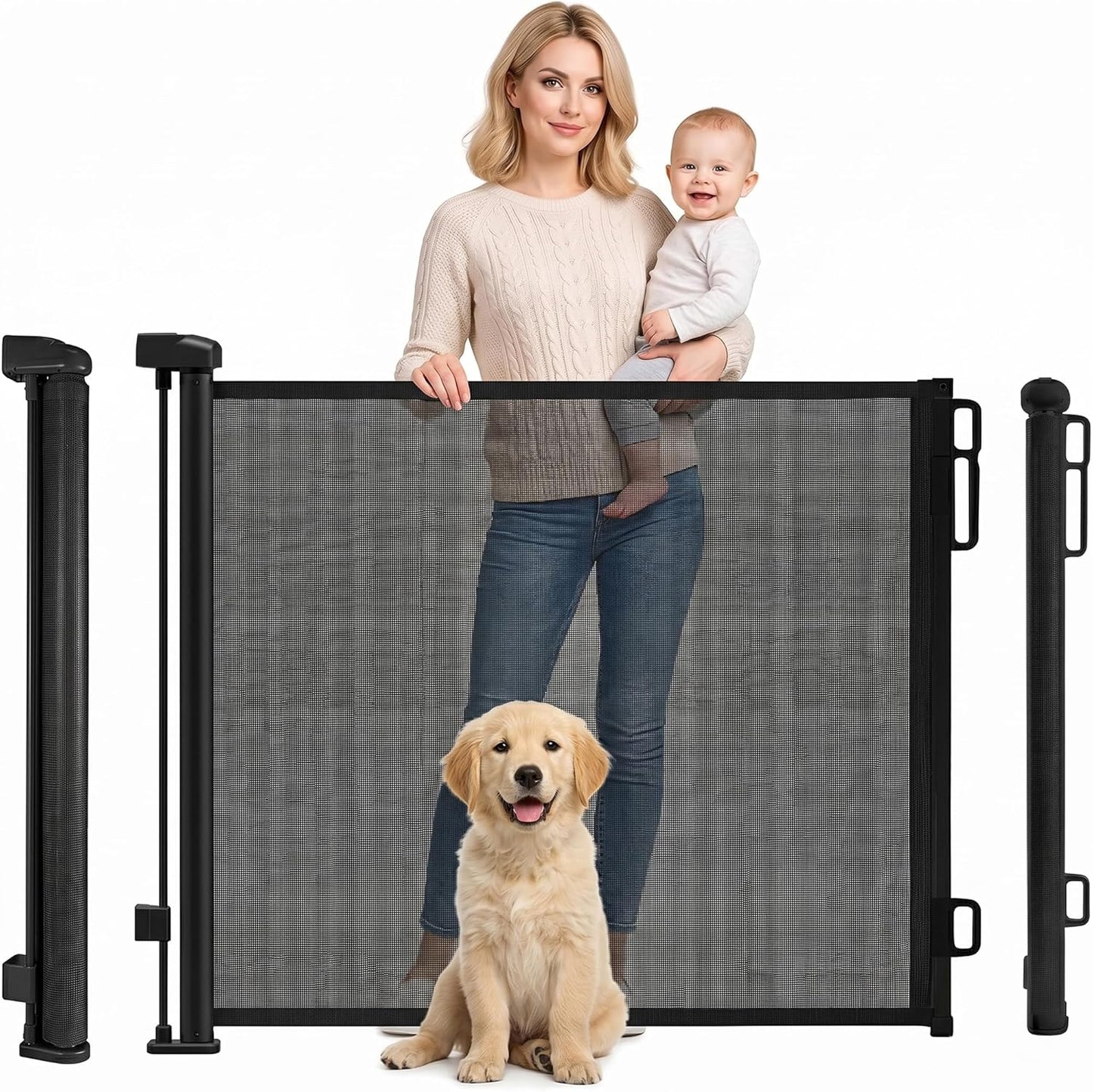 Retractable Stair Gate for Baby & Pet with Secure 2-Step Lock 150Cm Wide & 80Cm Tall, One Hand Operated Baby Gate, Child Safety Gate for Doorways Stairs, Hallways, Kitchen (Black)