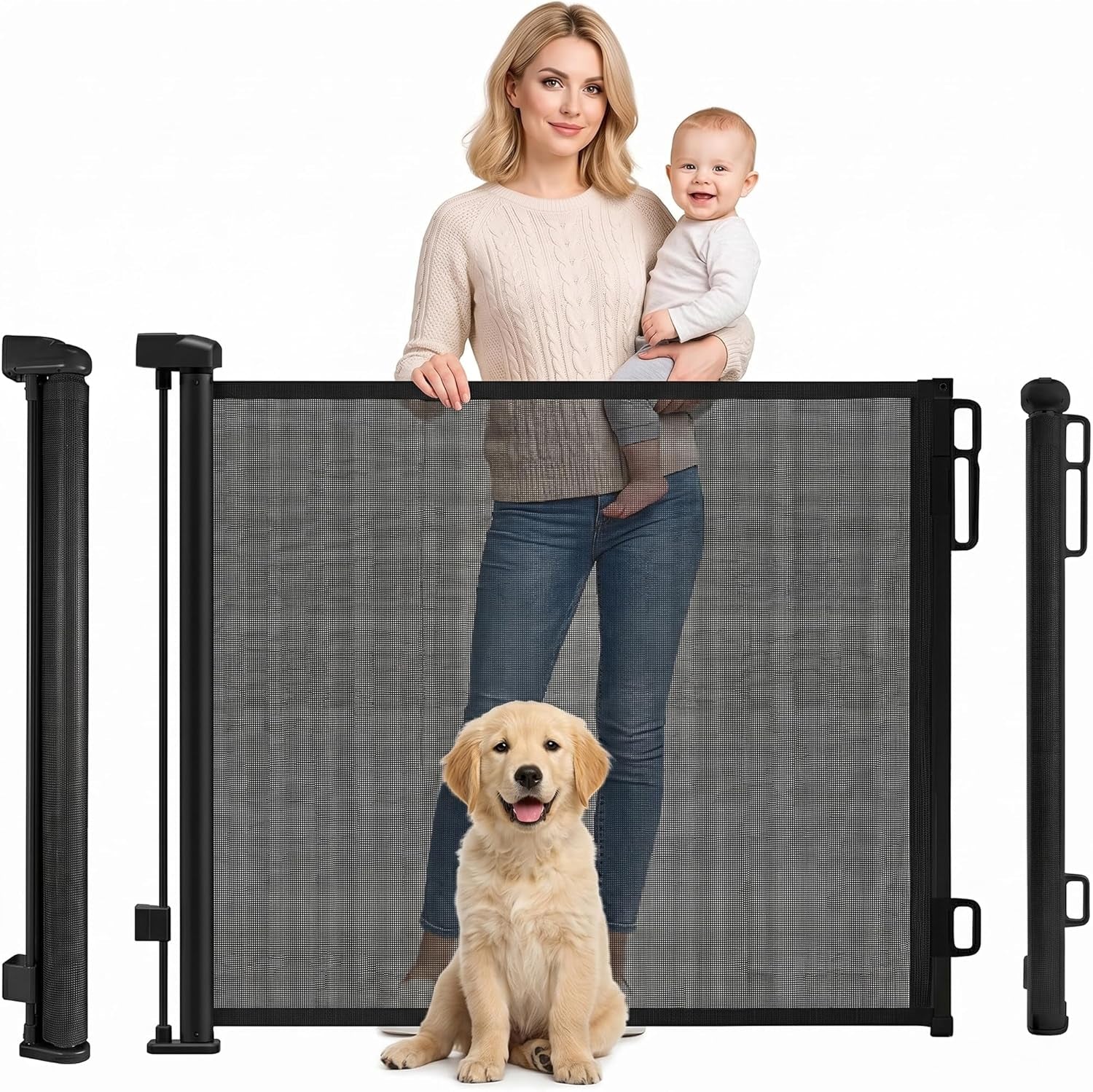 Retractable Stair Gate for Baby & Pet with Secure 2-Step Lock 150Cm Wide & 80Cm Tall, One Hand Operated Baby Gate, Child Safety Gate for Doorways Stairs, Hallways, Kitchen (Black)
