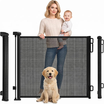 Retractable Stair Gate for Baby & Pet with Secure 2-Step Lock 150Cm Wide & 80Cm Tall, One Hand Operated Baby Gate, Child Safety Gate for Doorways Stairs, Hallways, Kitchen (Black)