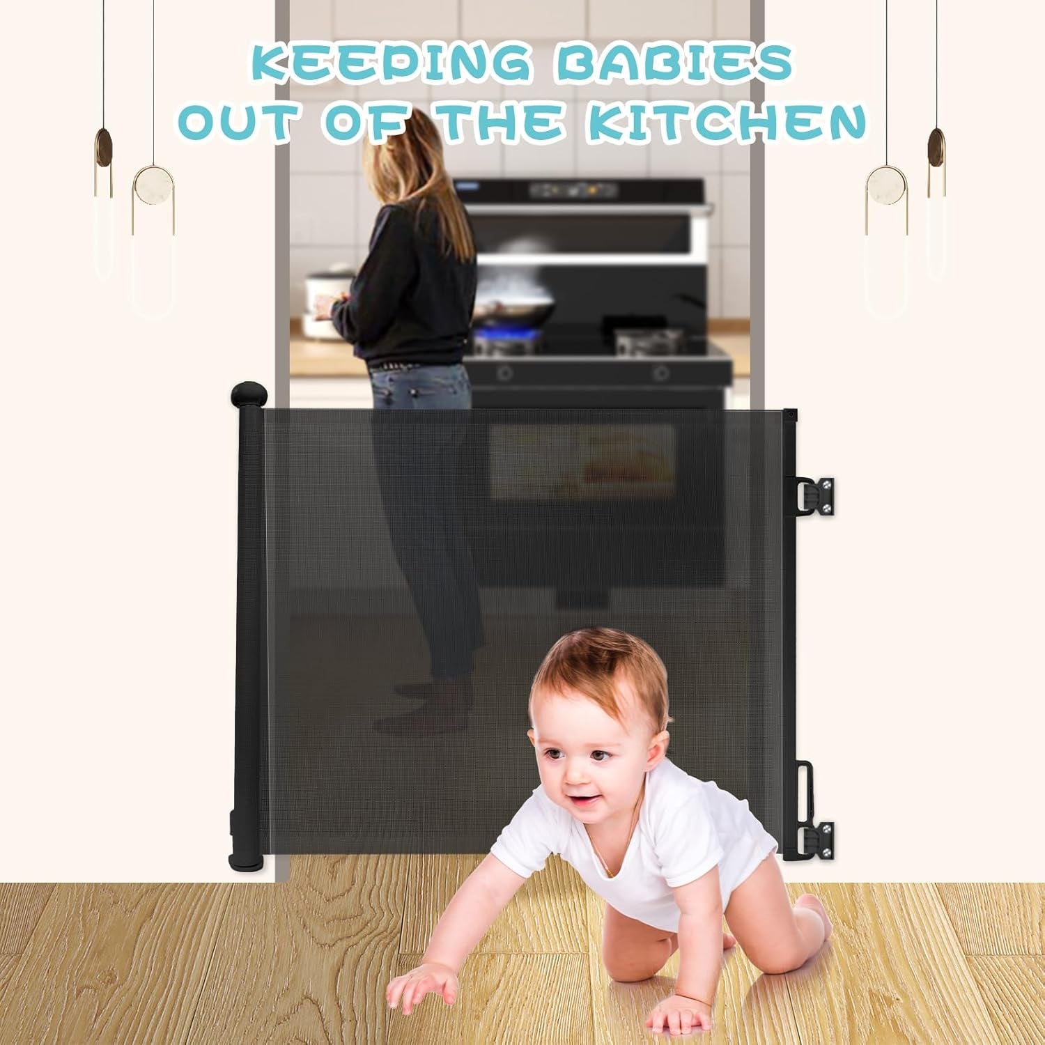 Retractable Stair Gate for Baby & Pet with Secure 2-Step Lock 150Cm Wide & 80Cm Tall, One Hand Operated Baby Gate, Child Safety Gate for Doorways Stairs, Hallways, Kitchen (Black)