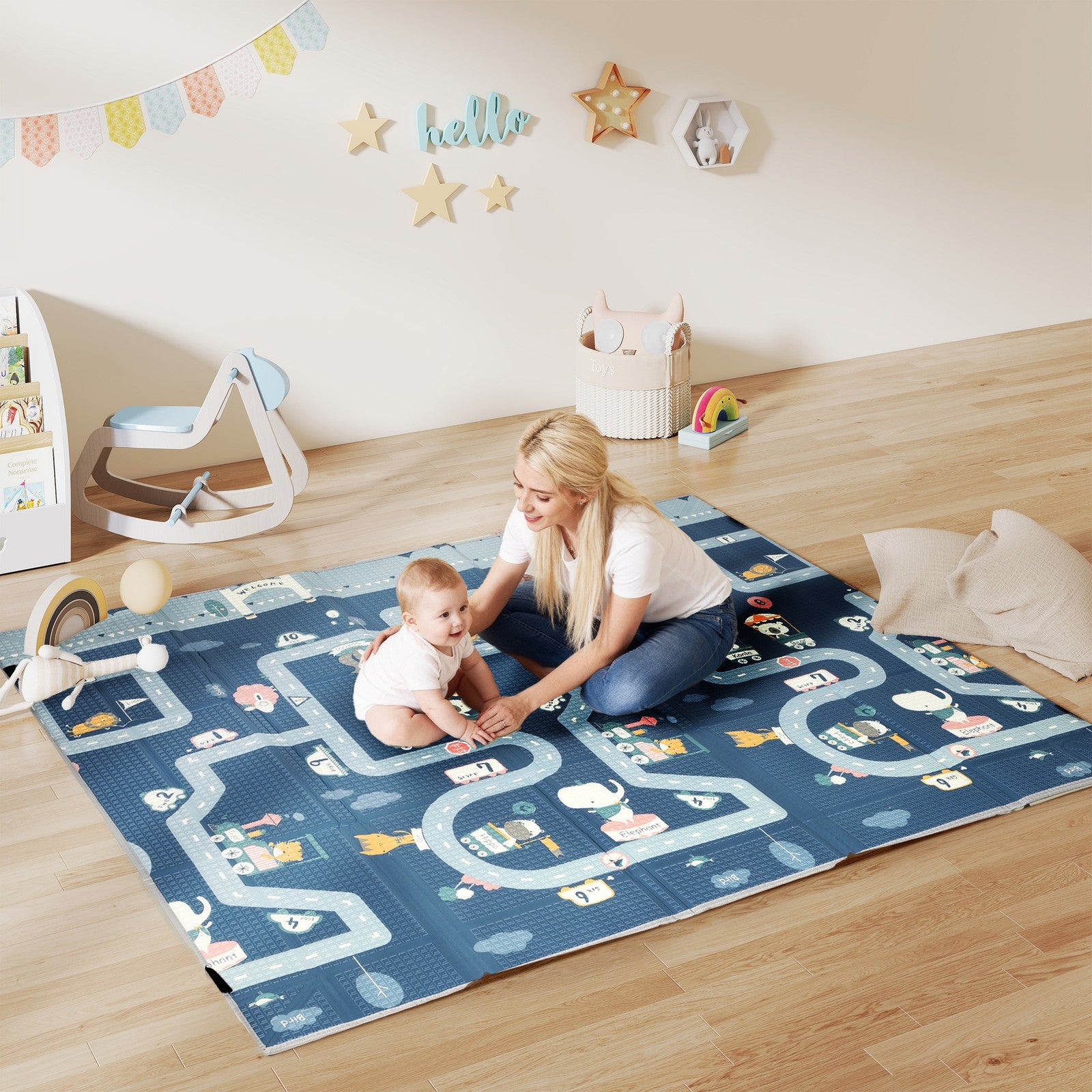 Foldable Baby Play Mat, Baby Playpen, Traffic & Grey Diamond Theme