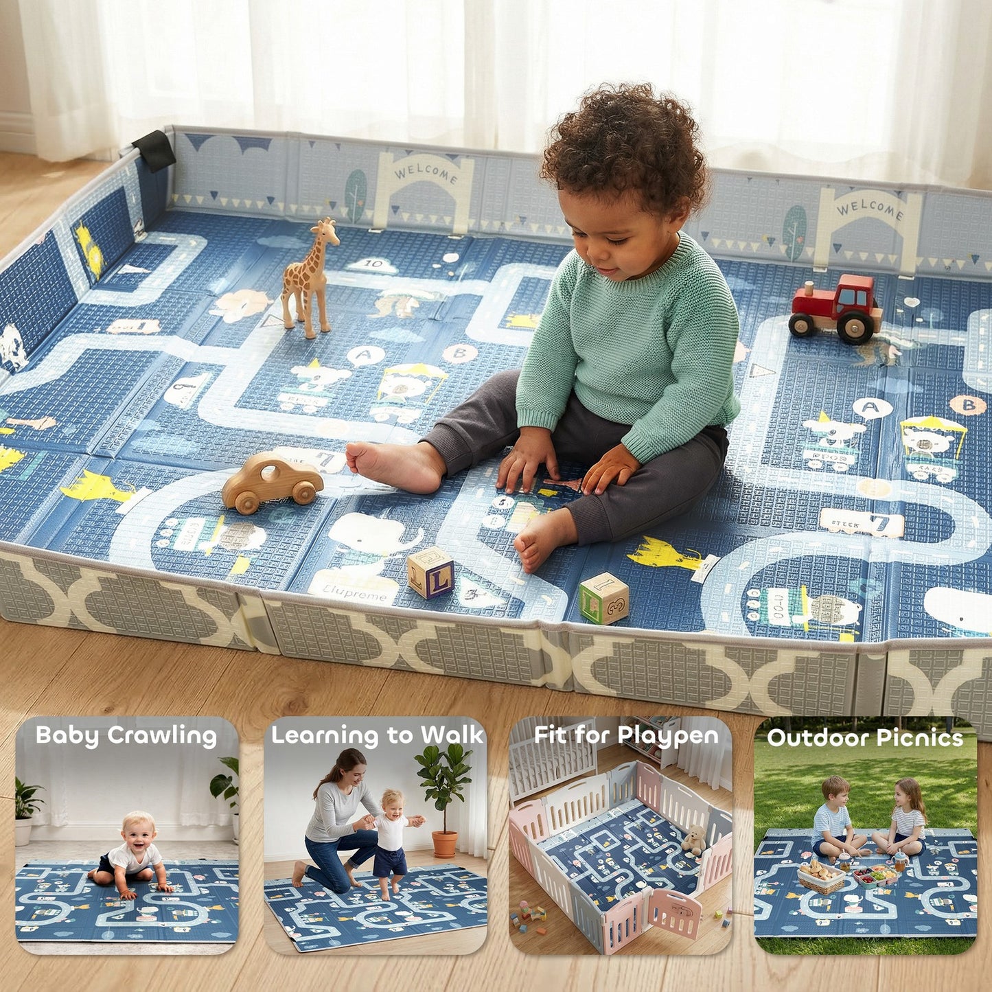 Foldable Baby Play Mat, Baby Playpen, Traffic & Grey Diamond Theme