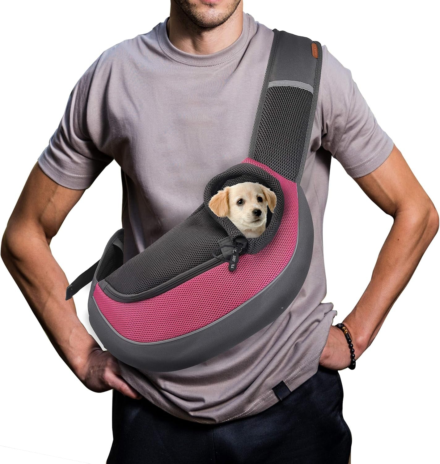 Pet Sling Carrier for Small Dogs Cats,Breathable Mesh Travelling Hand Free Puppy Backpack with Pouch and Adjustable Strap Carrier (M, Fuchsia)
