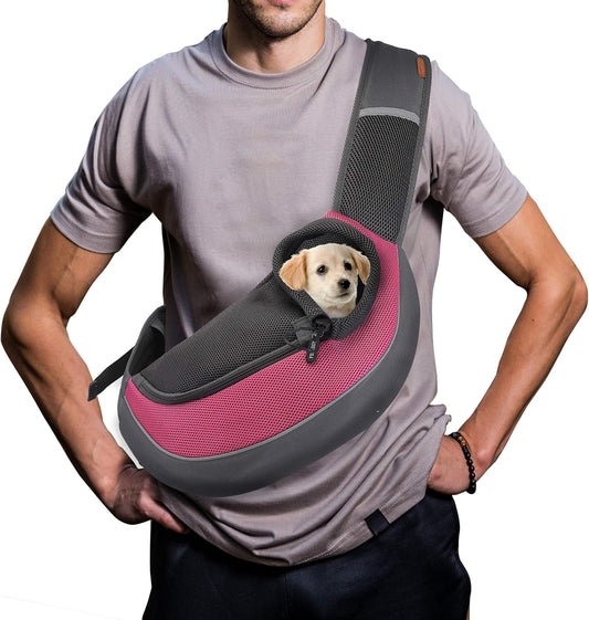 Pet Sling Carrier for Small Dogs Cats,Breathable Mesh Travelling Hand Free Puppy Backpack with Pouch and Adjustable Strap Carrier (M, Fuchsia)