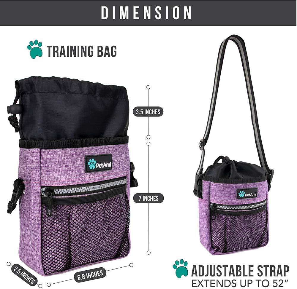 Dog Treat Pouch | Dog Training Pouch Bag with Waist Shoulder Strap, Poop Bag Dispenser | Treat Training Bag for Treats, Kibbles, Pet Toys | 3 Ways to Wear (Purple)