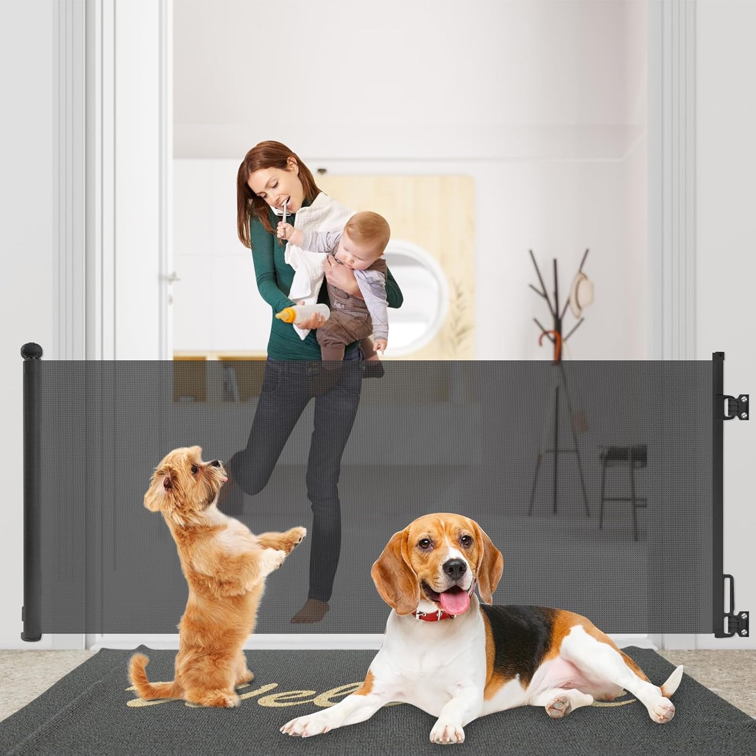 Retractable Stair Gate for Baby & Pet with Secure 2-Step Lock 150Cm Wide & 80Cm Tall, One Hand Operated Baby Gate, Child Safety Gate for Doorways Stairs, Hallways, Kitchen (Black)
