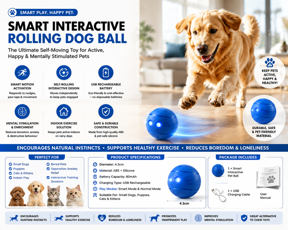 Smart Interactive Dog Ball Toy | Automatic Rolling Motion-Activated Pet Toy for Dogs & Cats | USB Rechargeable Self-Moving Enrichment Ball (4.3cm)