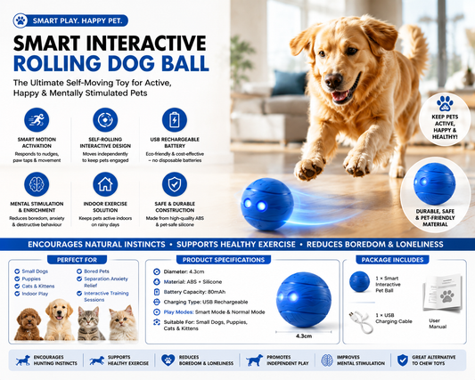Smart Interactive Dog Ball Toy | Automatic Rolling Motion-Activated Pet Toy for Dogs & Cats | USB Rechargeable Self-Moving Enrichment Ball (4.3cm)