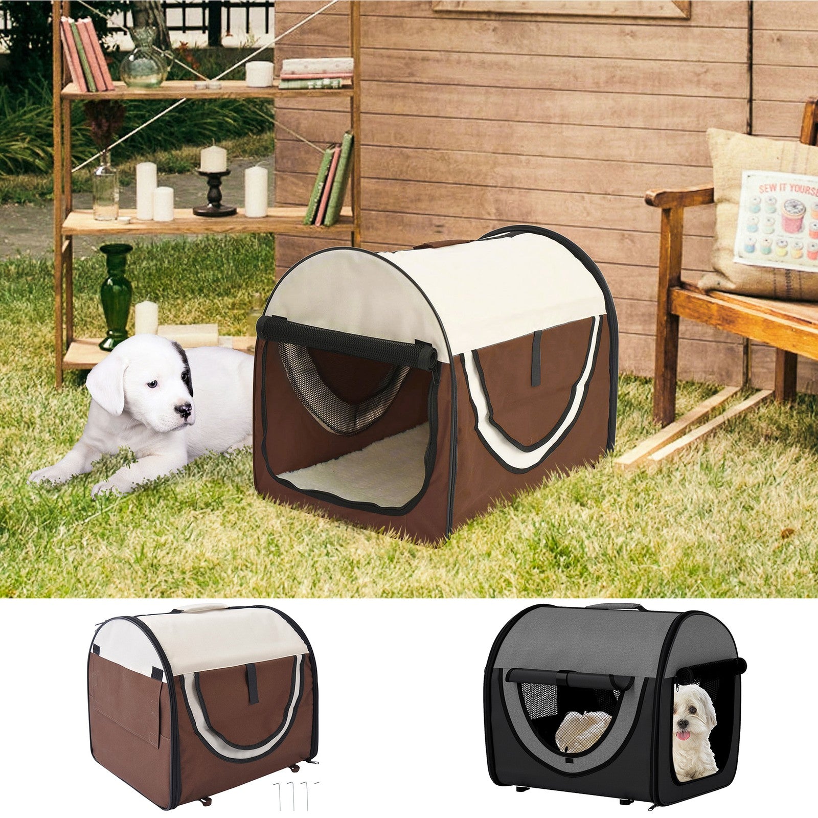 46Cm Foldable Pet Carrier Bag, Soft Side Fabric Dog Crate W/ Ground Stakes