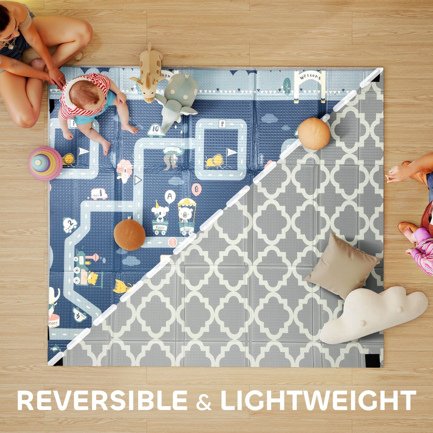 Foldable Baby Play Mat, Baby Playpen, Traffic & Grey Diamond Theme