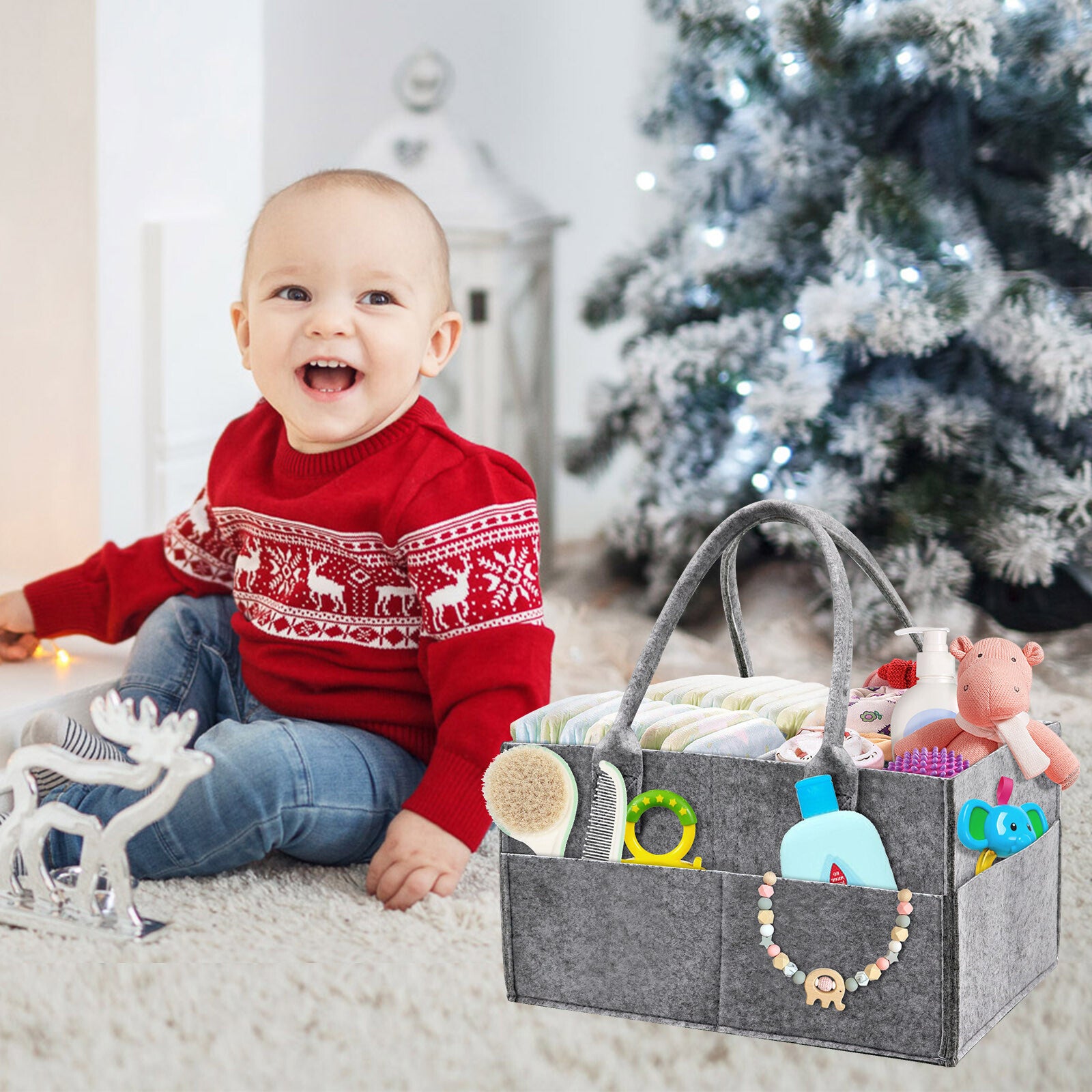Felt Baby Diaper Organizer Caddy Changing Nappy Kids Storage Carrier Grey Bag UK