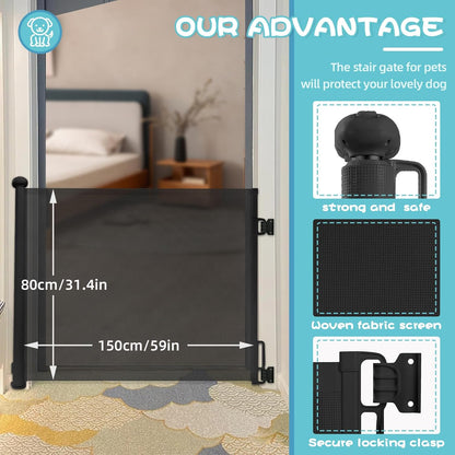 Retractable Stair Gate for Baby & Pet with Secure 2-Step Lock 150Cm Wide & 80Cm Tall, One Hand Operated Baby Gate, Child Safety Gate for Doorways Stairs, Hallways, Kitchen (Black)