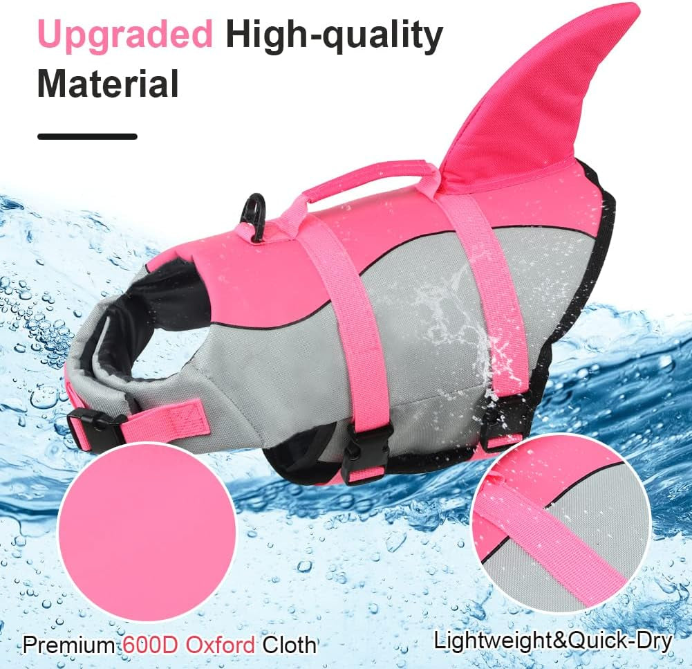 Dog Life Jacket Shark, Dog Life Vests for Small, Middle, Large Dogs with Rescue Handle Dogs Flotation Vest Safety Lifesaver for Swimming Pool Beach Boating, (S,Pink)