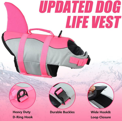 Dog Life Jacket Shark, Dog Life Vests for Small, Middle, Large Dogs with Rescue Handle Dogs Flotation Vest Safety Lifesaver for Swimming Pool Beach Boating, (S,Pink)