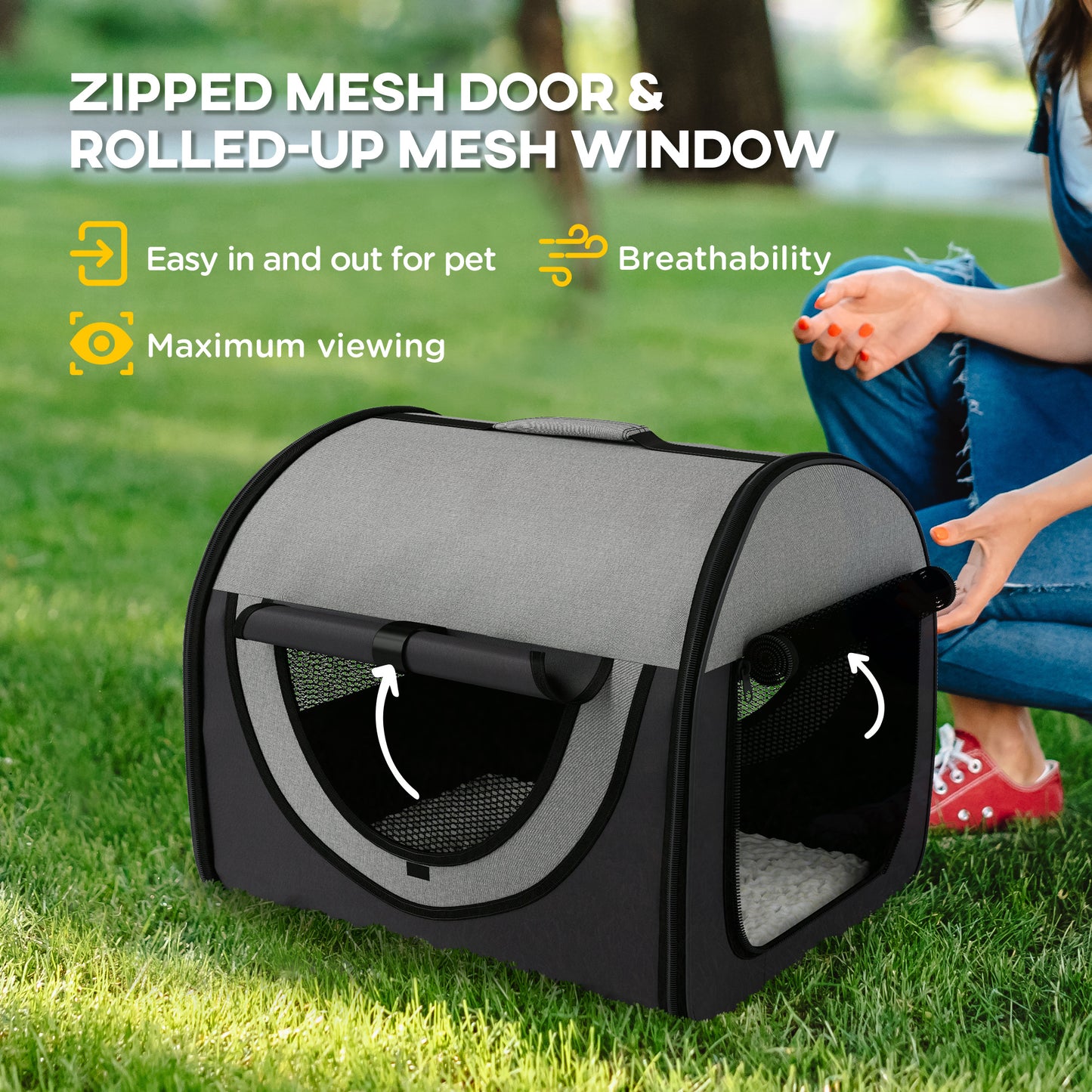 46Cm Foldable Pet Carrier Bag, Soft Side Fabric Dog Crate W/ Ground Stakes